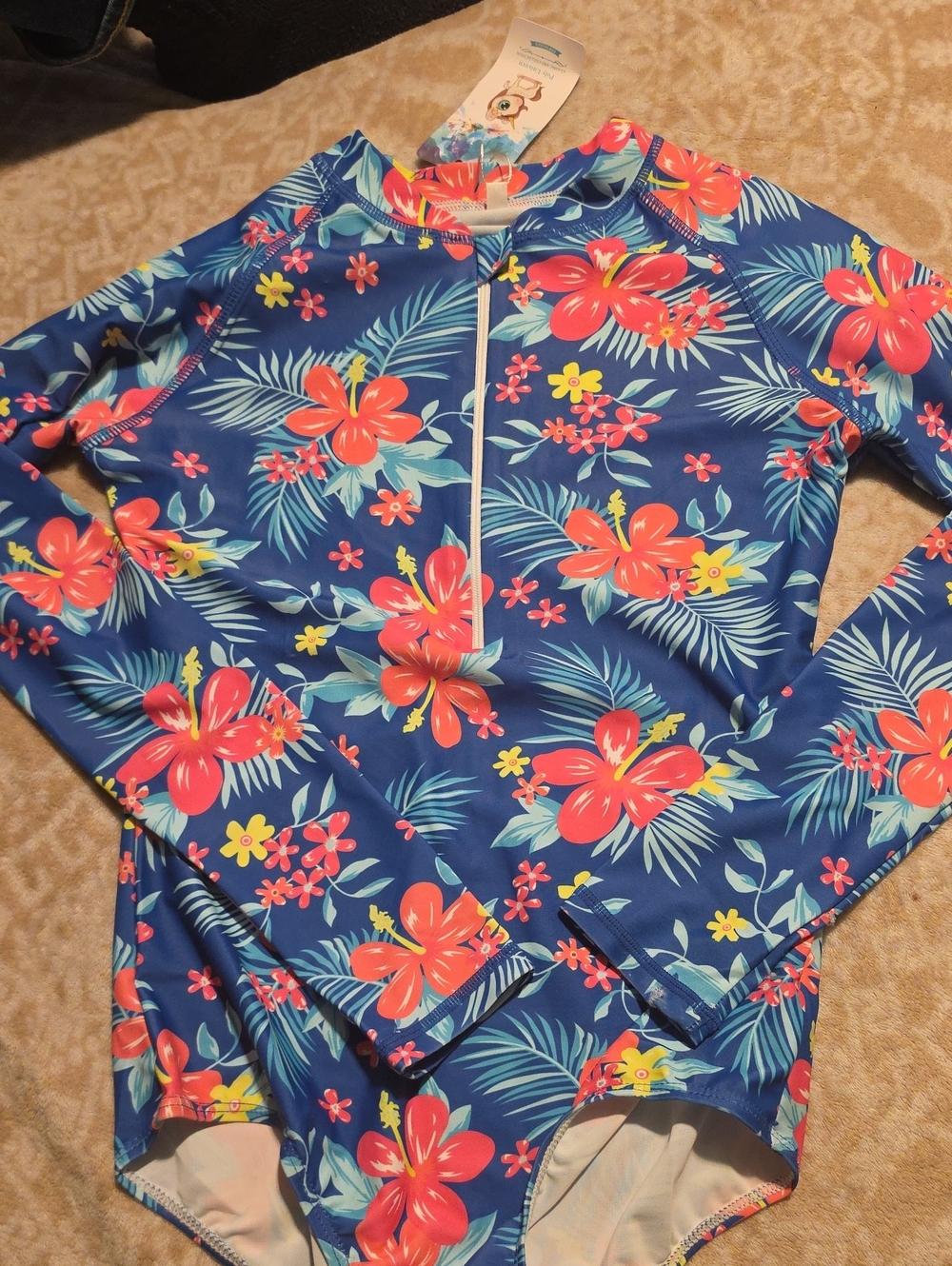 Girls' Floral Long-Sleeve Rashguard Swim Top - Blue & Pink